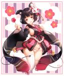  1girl animal_ears azur_lane bell black_hair black_kimono blush breasts candy_apple cat_ears cat_mask eyebrows_visible_through_hair flower food front-seamed_legwear groin hair_flower hair_ornament hand_on_own_chest head_tilt highres holding holding_food japanese_clothes jingle_bell kimono kneeling large_breasts long_sleeves looking_at_viewer mask mask_on_head medium_breasts navel no_pants obi panties pink_border sash seamed_legwear shiny shiny_hair shiosoda short_hair sideboob solo stomach striped tareme tassel thigh-highs underwear vertical-striped_background vertical_stripes white_legwear white_panties wide_sleeves yamashiro_(azur_lane) 