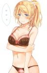  ... 1girl ayase_eli blonde_hair blue_eyes blush bra breasts cleavage collarbone commentary_request frown hand_on_own_arm highres love_live! love_live!_school_idol_project medium_breasts midriff mogu_(au1127) navel panties ponytail scrunchie sidelocks solo spoken_ellipsis sweatdrop underwear underwear_only v-shaped_eyebrows white_scrunchie 