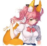  1girl animal_ears black_ribbon breasts fate/extella fate/extra fate_(series) fox_ears fox_tail large_breasts long_hair looking_at_viewer looking_up nail_polish pink_hair ribbon school_uniform shirt simple_background smile solo tail tamamo_(fate)_(all) tamamo_jk_(fate) twintails twitter_username white_background yellow_eyes youqiniang 