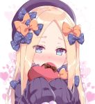  1girl abigail_williams_(fate/grand_order) bangs black_bow black_dress black_hat blonde_hair blue_eyes blush bow box brown_ribbon commentary_request covering_mouth dress eyebrows_visible_through_hair eyes_visible_through_hair fate/grand_order fate_(series) gift gift_box hair_bow hands_up hat heart heart-shaped_box heart_background holding holding_gift long_hair long_sleeves looking_at_viewer nose_blush orange_bow parted_bangs polka_dot polka_dot_bow ribbon rioshi shiny shiny_hair sidelocks sleeves_past_fingers solo straight_hair upper_body valentine white_background 
