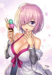  1girl bare_shoulders blush bow bow_swimsuit breasts cleavage collarbone dress dress_swimsuit eyebrows_visible_through_hair fate/grand_order fate_(series) glasses hair_over_one_eye highres ice_cream_cone large_breasts lavender_hair licking light_particles looking_at_viewer mash_kyrielight npcpepper pink_bow shielder_(fate/grand_order) shiny shiny_hair shiny_skin short_hair sleeveless sleeveless_dress solo swimsuit swimsuit_of_perpetual_summer violet_eyes white_swimsuit 