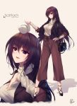  1girl alternate_costume bag bangs black_jacket breasts brown_pants casual character_name eyebrows_visible_through_hair fate/grand_order fate_(series) fukai_ryousuke full_body hand_on_own_chest handbag hat high_heels highres holding holding_hat jacket large_breasts long_hair multiple_views open_clothes open_jacket pants purple_hair red_eyes scathach_(fate/grand_order) shadow signature simple_background sleeves_rolled_up smile solo sweater turtleneck turtleneck_sweater white_sweater 