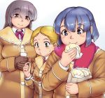  3girls bag bangs baozi blonde_hair blowing blue_hair blush breasts brown_coat brown_hair closed_mouth coat collared_shirt cup dress_shirt eating eyebrows_visible_through_hair eyes_visible_through_hair fat_step-sister_(orizen) food green_hair hair_between_eyes hair_over_eyes half_updo head_tilt holding large_breasts long_sleeves looking_at_another multiple_girls neck_ribbon original orizen own_hands_together paper_bag parted_bangs puckered_lips purple_ribbon red_ribbon red_scarf ribbon scarf shirt short_hair steam takoyaki toothpick white_background white_shirt wing_collar 