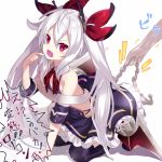 1girl anchor arm_support azur_lane bangs black_dress black_legwear blush chains detached_sleeves dress eyebrows_visible_through_hair fangs finger_to_mouth hair_between_eyes hair_ribbon holding kneeling long_hair low_wings nyori open_mouth red_ribbon red_wings ribbon sidelocks silver_hair solo solo_focus thigh-highs translated twintails v-shaped_eyebrows vampire_(azur_lane) very_long_hair violet_eyes white_background white_belt wings 