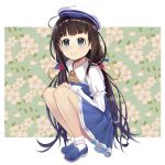  1girl absurdres ahoge bangs beret blue_dress blue_eyes blue_footwear bobby_socks brown_hair closed_mouth commentary_request dress eyebrows_visible_through_hair floral_background hans_(425299354) hat highres hinatsuru_ai long_hair long_sleeves looking_at_viewer low_twintails puffy_short_sleeves puffy_sleeves ryuuou_no_oshigoto! school_uniform shoes short_over_long_sleeves short_sleeves smile socks solo squatting twintails very_long_hair white_background white_hat white_legwear 