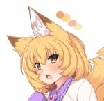  1girl animal_ears blonde_hair brooch collar commentary_request fox_ears fox_tail frilled_collar frills jewelry looking_at_viewer no_hat no_headwear open_mouth short_hair sleeves_past_wrists solo tail tongue touhou upper_body white_background wildcat_(kusonemi) yakumo_ran yellow_eyes 