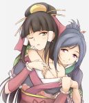  2girls ;&lt; bangs bare_shoulders bent_elbow blush breast_grab brown_hair closed_mouth collarbone commentary_request cropped_torso detached_sleeves grabbing green_eyes grey_hair hair_between_eyes hair_ornament hand_holding holding japanese_clothes ken_(kenta1922) kurosawa_dia long_hair long_sleeves looking_at_viewer love_live! love_live!_school_idol_project love_live!_sunshine!! multiple_girls my_mai_tonight one_eye_closed open_mouth touching undressing violet_eyes white_background yuri 