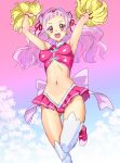  1girl arms_up blush breasts cheerleader crop_top cure_yell flower hair_flower hair_ornament hair_ribbon hugtto!_precure jewelry long_hair looking_at_viewer magical_girl medium_breasts midriff miniskirt navel nono_hana ontaros pink_eyes pink_hair pink_skirt pom_poms precure ribbon shiny shiny_hair shiny_skin skirt sleeveless smile solo 