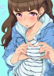  1girl bangs blue_background blue_jacket blunt_bangs blush breasts brown_hair collarbone eyebrows eyebrows_visible_through_hair flying_sweatdrops heart heart-shaped_boob_challenge heart_hands hood hoodie idolmaster idolmaster_cinderella_girls jacket kabotya_to_rantan kamiya_nao long_hair looking_at_viewer open_clothes open_jacket open_mouth red_eyes shirt simple_background solo striped striped_shirt sweatdrop thick_eyebrows wavy_hair 