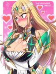  1girl armor artist_request blonde_hair blush breast_hold breasts cleavage cleavage_cutout crossed_arms dress gloves highres mythra_(xenoblade) large_breasts long_hair solo xenoblade xenoblade_2 yellow_eyes 