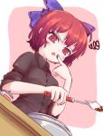  1girl :o bangs black_shirt blush bow bowl chocolate_on_fingers dutch_angle eyebrows_visible_through_hair finger_to_mouth hair_bow isu_(is88) looking_down open_mouth pink_background purple_bow red_eyes redhead ribbon-trimmed_bow sekibanki shirt short_hair simple_background sleeves_past_elbows sleeves_pushed_up solo spatula table touhou upper_body v-shaped_eyebrows 