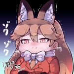  1girl animal_ears black_gloves blonde_hair blush bow bowtie ezo_red_fox_(kemono_friends) fox_ears fur-trimmed_sleeves fur_trim gloves jacket kemono_friends long_hair orange_jacket smile solo tanaka_kusao translation_request trembling white_bow white_neckwear yellow_neckwear 