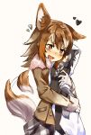  afterimage animal_ears aranagi_(arng_4401) blush dakimakura eyebrows_visible_through_hair fang fur_collar gloves grey_wolf_(kemono_friends) heart highres italian_wolf_(kemono_friends) kemono_friends multicolored_hair object_hug open_mouth plaid plaid_skirt pleated_skirt skirt tail tail_wagging wolf_ears wolf_tail 