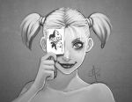  1girl bare_shoulders card collarbone daniel_macgregor dc_comics freckles harley_quinn joker lips looking_at_viewer playing_card smile solo twintails upper_body 