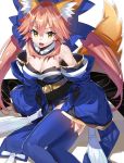  1girl animal_ears blue_legwear blue_ribbon breasts cleavage detached_sleeves fang fate/extra fate/grand_order fate_(series) fox_ears fox_tail fuotchan hair_ribbon highres japanese_clothes large_breasts looking_at_viewer looking_up open_mouth pink_hair ribbon simple_background solo tail tamamo_(fate)_(all) tamamo_no_mae_(fate) white_background yellow_eyes 