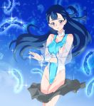 1girl blue_background blue_eyes blue_hair blush breasts choker cleavage collarbone commentary cure_ange embarrassed feathers floating_hair gradient gradient_background groin henshin highleg highleg_leotard hugtto!_precure leotard long_hair ontaros parted_lips precure raised_eyebrows skin_tight skirt skirt_removed solo standing white_choker wrist_cuffs yakushiji_saaya