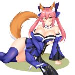  1girl absurdres animal_ears bare_shoulders blue_kimono blue_legwear bow breast_hold breasts chechoski cleavage closed_mouth collar detached_sleeves eyebrows_visible_through_hair fate/extra fate/grand_order fate_(series) fox_ears fox_tail hair_between_eyes hair_bow highres huge_breasts japanese_clothes kimono long_hair long_sleeves looking_at_viewer lying on_side panties pelvic_curtain pink_hair short_kimono smile strapless tail tamamo_(fate)_(all) tamamo_no_mae_(fate) twintails underwear white_panties wide_hips wide_sleeves yellow_eyes 