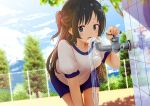  1girl :o bent_over blue_shorts blue_sky blurry blurry_background blush breasts brown_hair chain-link_fence day depth_of_field drinking dutch_angle faucet fence gym_uniform imae_megumi kirimatsu long_hair looking_at_viewer medium_breasts mountain one_side_up open_mouth outdoors shade shirt short_sleeves shorts sky solo straight_hair thigh_gap tile_floor tiles tree watashi_ga_motenai_no_wa_dou_kangaetemo_omaera_ga_warui! water white_shirt 