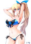  1girl :o armpits arms_behind_head arms_up bandeau bangs bare_arms bare_legs bare_shoulders bikini bikini_tan black_ribbon blonde_hair blue_bikini blue_bow blue_eyes blue_flower blue_rose blush bow breasts cleavage collarbone commentary_request cowboy_shot eyebrows_visible_through_hair flower front-tie_top groin hair_bow hair_ornament hair_ribbon hair_tie highres large_breasts legs_apart long_hair looking_at_viewer midriff mirai_akari mirai_akari_project navel open_mouth ribbon rose shiny shiny_skin side-tie_bikini side_ponytail sidelocks signature simple_background solo souryu standing stomach strapless strapless_bikini swimsuit tan tanline very_long_hair white_background 