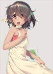  1girl :d animal bangs bare_arms bare_shoulders blush dark_skin dress eyebrows_visible_through_hair eyes_visible_through_hair flat_chest flying_sweatdrops frog from_side grey_background highres holding looking_at_viewer looking_to_the_side olive_(laai) open_mouth seiran_(uchouten_kazoku) shimogamo_yajirou shiny shiny_hair short_hair simple_background skirt_hold sleeveless sleeveless_dress smile solo uchouten_kazoku upper_body upper_teeth wheat white_dress 