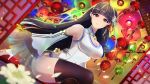  1girl azur_lane bangs bare_shoulders black_hair black_legwear blunt_bangs blurry breasts china_dress chinese_clothes cleavage_cutout colorful covered_navel depth_of_field detached_sleeves dress dutch_angle eyebrows eyebrows_visible_through_hair facing_away flower gaku_(pixiv11277098) hair_flower hair_ornament highres lantern large_breasts legs_crossed long_hair looking_at_viewer petals red_eyes see-through short_dress sitting sleeveless sleeveless_dress solo straight_hair tassel taut_clothes taut_dress thigh-highs turtleneck white_dress wide_sleeves yat_sen_(azur_lane) zettai_ryouiki 