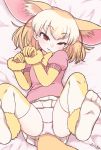  1girl animal_ears bed_sheet blonde_hair brown_eyes commentary dated elbow_gloves extra_ears eyebrows_visible_through_hair fennec_(kemono_friends) fox_ears fur_trim gloves itsuki_(kisaragi) kemono_friends lying multicolored_hair on_back panties photo-referenced pink_footwear puffy_short_sleeves puffy_sleeves short_hair short_sleeves signature skirt smile solo thigh-highs underwear uneven_eyes white_panties white_skirt yellow_gloves 