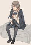  1girl blue_eyes brown_hair crate gun h&amp;k_mp5 heckler_&amp;_koch holding holding_gun holding_weapon jacket_on_shoulders loafers original pantyhose plaid plaid_skirt scarf school_uniform shoes simple_background sitting skirt solo submachine_gun trigger_discipline weapon xiao_qiang_(overseas) 