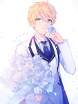  1boy absurdres ahoge aqua_eyes blonde_hair blue_neckwear bouquet closed_mouth collared_shirt eyebrows_visible_through_hair fate/grand_order fate_(series) flower formal highres holding holding_bouquet holding_flower jacket light_particles long_sleeves looking_at_viewer male_focus miyuki_(miyuki0529) necktie open_clothes open_jacket petals rose rose_petals saber_(fate/prototype) shirt smile solo star striped striped_shirt suit upper_body vertical-striped_shirt vertical_stripes white_background white_flower white_jacket white_rose wing_collar 