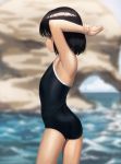  1girl armpits arms_up ass beach black_hair blue_swimsuit blurry blurry_background brown_eyes closed_mouth commentary_request day depth_of_field flat_chest from_behind highres looking_at_viewer looking_back one-piece_swimsuit original outdoors ranma_(kamenrideroz) school_swimsuit shiny shiny_hair shiny_skin short_hair solo standing swimsuit water wet 