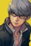  1boy black_jacket closed_mouth collared_shirt copyright_request glasses grey-framed_eyewear grey_eyes grey_hair hankuri jacket looking_to_the_side male_focus narukami_yuu persona shirt simple_background solo upper_body white_shirt wing_collar yellow_background 