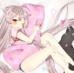  1girl abe_suke ahoge bangs bare_legs barefoot blush brown_hair commentary_request eyebrows_visible_through_hair hair_flaps highres long_hair looking_at_viewer lying on_side one_eye_closed original parted_lips pillow red_eyes short_sleeves sidelocks signature solo tears very_long_hair zzz 