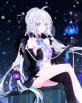  1girl ahoge annlin ara_han asymmetrical_legwear black_dress black_gloves black_legwear blue_eyes choker collarbone dress elbow_gloves elsword floating_hair gloves hair_between_eyes long_hair parted_lips short_dress silver_hair sitting sleeveless sleeveless_dress smile snowflakes solo thigh-highs very_long_hair 