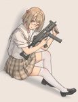  1girl brown_hair glasses gun h&amp;k_ump hair_bobbles hair_ornament hairband heckler_&amp;_koch holding holding_gun holding_weapon loafers original school_uniform serafuku shoes short_hair simple_background sitting skirt solo submachine_gun thigh-highs trigger_discipline weapon xiao_qiang_(overseas) 