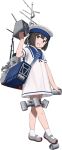  1girl bag black_hair blue_eyes daitou_(kantai_collection) depth_charge depth_charge_projector dress full_body grin hand_up hat kantai_collection looking_at_viewer mary_janes official_art rigging sailor_dress sailor_hat shibafu_(glock23) shoes short_ponytail shoulder_bag smile solo transparent_background turret white_legwear 