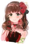  1girl bangs bare_shoulders black_gloves black_ribbon blue_eyes blush brown_hair choker dress eyebrows_visible_through_hair gloves hairband hand_on_own_cheek highres idolmaster idolmaster_cinderella_girls idolmaster_cinderella_girls_starlight_stage looking_at_viewer love_destiny neck_ribbon red_dress red_ribbon ribbon rose_earrings sakuma_mayu short_hair simple_background smile solo thorns tomato_omurice_melon upper_body white_background 