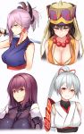  4girls asymmetrical_hair asymmetrical_sleeves black_hair blue_eyes blue_kimono bodysuit borushichi breasts breasts_apart cleavage collarbone earrings eyebrows_visible_through_hair fate/grand_order fate_(series) hair_between_eyes hair_ribbon hat head_tilt high_ponytail highres holding holding_sword holding_weapon japanese_clothes jewelry katana kimono large_breasts long_hair looking_at_viewer medium_breasts miyamoto_musashi_(fate/grand_order) multiple_girls pink_hair purple_hair red_eyes red_ribbon ribbon scathach_(fate/grand_order) silver_hair simple_background sleeveless sleeveless_kimono smile sword tomoe_gozen_(fate/grand_order) upper_body very_long_hair weapon white_background white_kimono xuanzang_(fate/grand_order) 