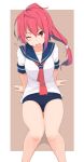  1girl ;d blush brown_background feet_out_of_frame hair_ribbon i-168_(kantai_collection) kantai_collection kugui_kiyunemu long_hair necktie one_eye_closed open_mouth pink_hair ponytail red_eyes red_neckwear ribbon school_swimsuit school_uniform serafuku short_sleeves sitting smile solo swimsuit thighs two-tone_background white_ribbon 