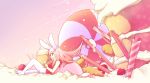  1girl absurdres animal_ears black_eyes candy carrot cherry fiz_(fizintine) fizintine food fruit highres lollipop long_hair lying on_back original peppermint pink_hair pink_sky rabbit_ears solo straw strawberry whipped_cream 