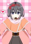  1girl :&gt; black_hair blue_eyes blush bow burn_scar capelet chocolate_hair coat commentary_request dorei_to_no_seikatsu_~teaching_feeling~ eyebrows_visible_through_hair frilled_capelet hair_between_eyes hair_bow hairband heart highres incoming_hug long_hair looking_at_viewer mouth_hold outstretched_arms plaid plaid_background scar solo spoken_heart spread_arms sylvie_(dorei_to_no_seikatsu) takahiko valentine 