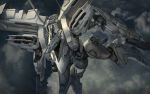  armored_core armored_core:_for_answer clouds commentary_request dual_wielding dutch_angle flying glowing gun highres holding holding_gun holding_weapon karamas mecha mechanical military outdoors weapon white_glint 