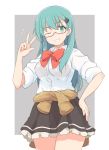  aqua_hair bespectacled breasts brown_skirt clothes_around_waist collared_shirt frilled_skirt frills glasses green_eyes grey_background grin hair_ornament hairclip hand_on_hip jacket_around_waist kantai_collection kugui_kiyunemu looking_at_viewer medium_breasts one_eye_closed outside_border pleated_skirt red_neckwear remodel_(kantai_collection) shirt simple_background skirt smile solo striped striped_skirt suzuya_(kantai_collection) v white_border white_shirt 