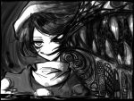  1girl commentary_request doremy_sweet efukei extra_eyes face greyscale hat highres looking_at_viewer monochrome monster no_nose sharp_teeth short_hair stitches teeth touhou upper_body 
