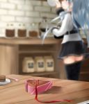  1girl anchor_symbol black_legwear blue_hair blurry blurry_background cake chocolate chocolate_cake depth_of_field food fork head_out_of_frame heart-shaped_box hibiki_(kantai_collection) highres indoors jar kantai_collection kitchen long_sleeves oni_(onirenger) open_box plate shelf shirt slice_of_cake solo standing thigh-highs verniy_(kantai_collection) white_shirt wooden_table zettai_ryouiki 
