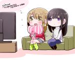  2girls aihara_mei aihara_yuzu black_hair blonde_hair blush chibi citrus_(saburouta) copyright_name couch earrings flat_screen_tv green_eyes jewelry long_hair long_sleeves multiple_girls neji_(ultramarinesunset) no_nose open_mouth pillow pillow_hug sitting skirt star star_earrings television translation_request violet_eyes watching_television white_background 