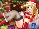  1girl :d blonde_hair blue_eyes blush box bra breasts capelet christmas_tree cleavage eyebrows_visible_through_hair fishnet_legwear fishnets gift gift_bag gift_box gloves hair_between_eyes hat holding_bag idolmaster idolmaster_cinderella_girls indoors karu_(qqqtyann) long_hair medium_breasts midriff miniskirt navel ootsuki_yui open_mouth pleated_skirt red_bra red_footwear red_gloves red_hat red_skirt santa_costume santa_hat skirt smile solo sparkle stomach thigh-highs underwear v 