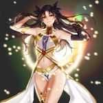  1girl armlet arms_up backlighting bangs bare_shoulders black_legwear black_ribbon closed_mouth collarbone cowboy_shot earrings eyebrows_visible_through_hair fate/grand_order fate_(series) hair_ribbon hands_in_hair hoop_earrings hug_(yourhug) ishtar_(fate/grand_order) jewelry long_hair long_sleeves looking_at_viewer midriff motion_blur navel neck_ring parted_bangs red_eyes revealing_clothes ribbon single_detached_sleeve single_thighhigh smile solo standing star stomach strapless thigh-highs thighs two_side_up waist_cape 
