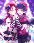  2girls :d black_skirt black_wings blue_flower blue_hair capelet cowboy_shot crop_top detached_sleeves earrings feathered_wings feathers flower fur_trim hair_feathers hair_flower hair_ornament hand_holding hand_on_another&#039;s_hip hat highres idol interlocked_fingers jewelry long_hair love_live! love_live!_sunshine!! midriff miniskirt multiple_girls open_mouth pleated_skirt purple_feathers red_eyes red_hat redhead sakurauchi_riko skirt sleeveless smile standing stomach striped_sleeves suspender_skirt suspenders tiha_askr tsushima_yoshiko white_flower wings yellow_eyes 