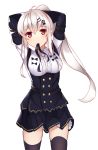  1girl alternate_costume alternate_hairstyle blush frontera girls_frontline hair_ornament hairclip iws-2000_(girls_frontline) long_hair looking_at_viewer mouth_hold ponytail red_eyes silver_hair simple_background skirt solo thigh-highs 