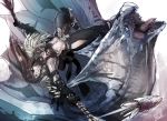  1girl airborne armpits artist_name bare_shoulders breasts brown_hair cleavage closed_mouth dragon elsass eyepatch gauntlets hip_vent holding holding_weapon insect_glaive legiana long_hair looking_at_another monster_hunter monster_hunter:_world navel nergigante_(armor) open_mouth pants polearm sharp_teeth sketch spikes sports_bra stomach teeth tongue upside-down weapon 