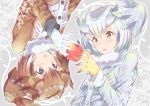  2girls apple bangs brown_coat brown_eyes brown_hair coat eurasian_eagle_owl_(kemono_friends) eyebrows_visible_through_hair food fruit fur_collar gloves grey_coat head_wings kemono_friends long_sleeves looking_at_another multicolored_hair multiple_girls northern_white-faced_owl_(kemono_friends) parted_lips portrait short_hair symmetry takano_itsuki upside-down white_gloves white_hair yellow_eyes yellow_gloves 